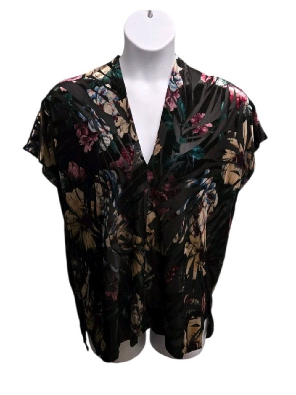 Karlie Womens Large Black Floral Print Burnout Top V Neck Dark Fairy Casual